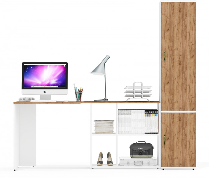 Лидер-8 Стол + Пенал МД 21Б, белый шагрень/крафт золото