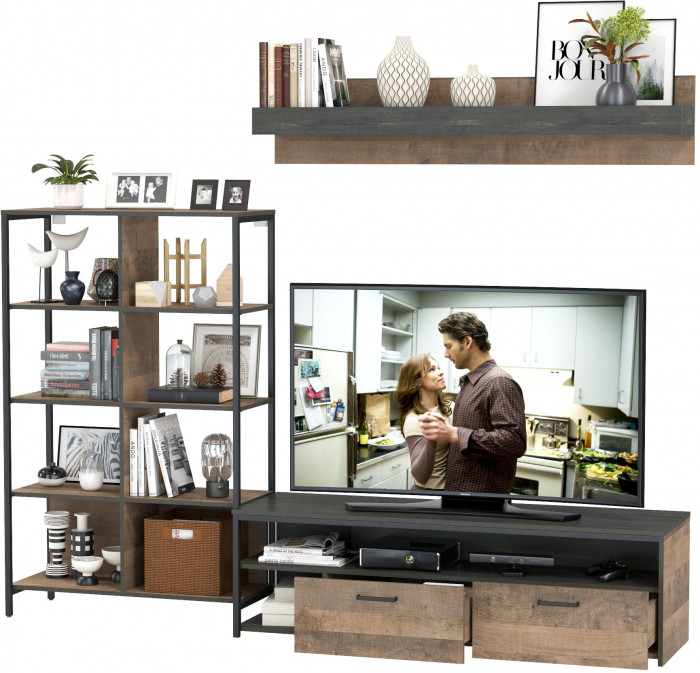 Трувор 13.70 Тумба под ТВ + 13.151.02 Стеллаж + 15.60 Полка, цвет дуб гранж песочный/интра, ШхГхВ 239,8х45,4х146 см., универсальная сборка