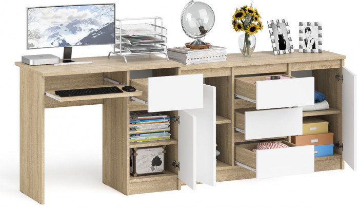 Мори компьютерный стол МС-1 правый + Комод МК1200.3, дуб сонома/белый