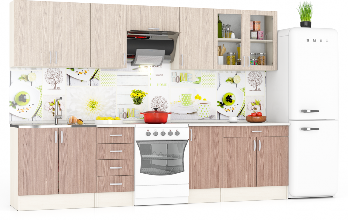 Кухня Мери 08 ШВ800+ШВ400+ШВв600+ШВ400+ШВС800+ШНМ800+ШН4Я400+ШН400+ШН1Я800, цвет дуб/ясень шимо светлый/тёмный, ШхГхВ 300х30х67 см./240х60х85 см.