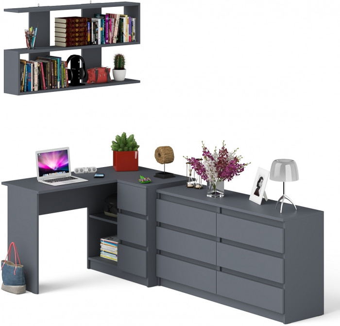 Мори компьютерный стол МС-16 правый + Комод МК1380.6 + Полка 1200, графит