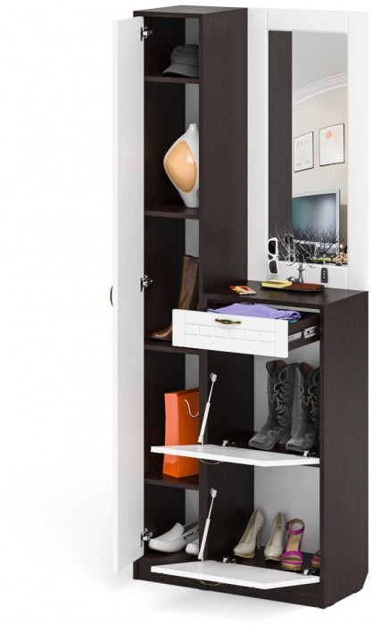 Прихожая П-6 Компоновка № 23, цвет венге/фасады МДФ белое дерево фрезеровка прованс, ШхГхВ 80х35х210 см., универсальная сборка