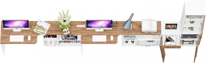 Лидер-8 Стол + Стол + Пенал + Тумба МД 3.15, цвет белый шагрень/крафт золото, ШхГхВ 410х50/30х75/190 см. или 230х50/160х75/190 см., НЕ универс. сборка