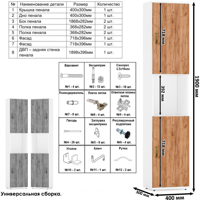 Лидер-8 Стол + Стол + Пенал + Тумба МД 3.15, цвет белый шагрень/крафт золото, ШхГхВ 410х50/30х75/190 см. или 230х50/160х75/190 см., НЕ универс. сборка