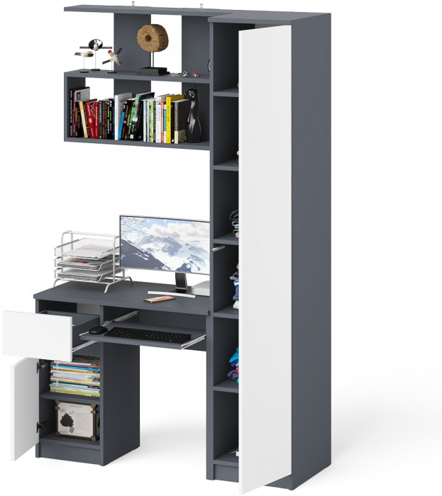 Мори компьютерный стол МС-1 левый + Пенал МШ400.1 + Полка 900, графит/белый