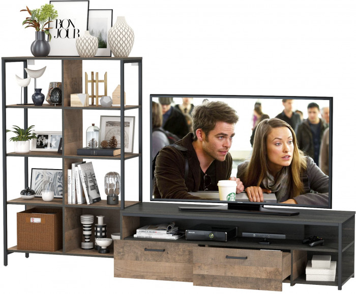 Трувор 13.70 Тумба под ТВ + 13.151.02 Стеллаж, цвет дуб гранж песочный/интра, ШхГхВ 239,8х45,4х146 см., универсальная сборка