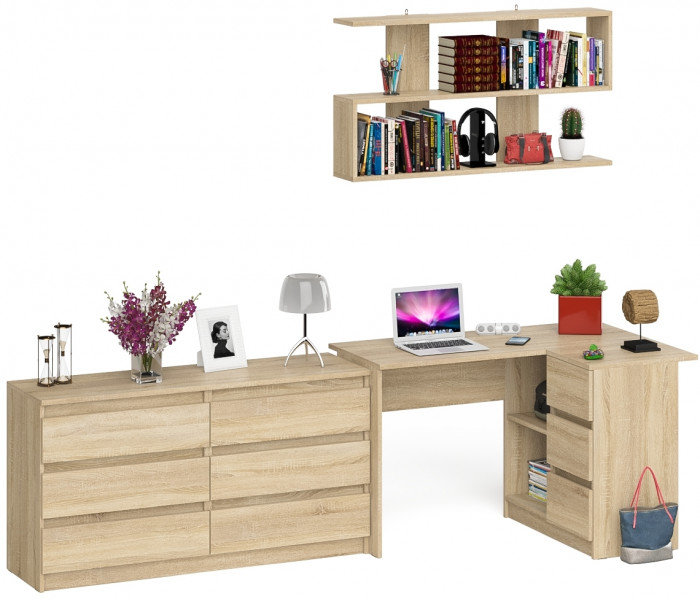 Мори компьютерный стол МС-16 правый + Комод МК1380.6 + Полка 1200, дуб сонома