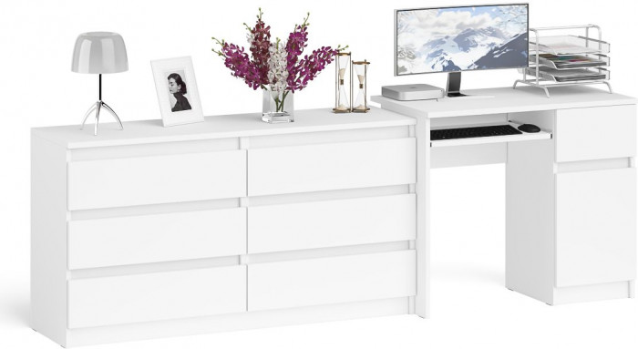 Мори Стол компьютерный МС-1 правый + Комод МК1380.6, цвет белый, ШхГхВ 228х50х76,6 см., выдвижной ящик справа, НЕ универсальная сборка