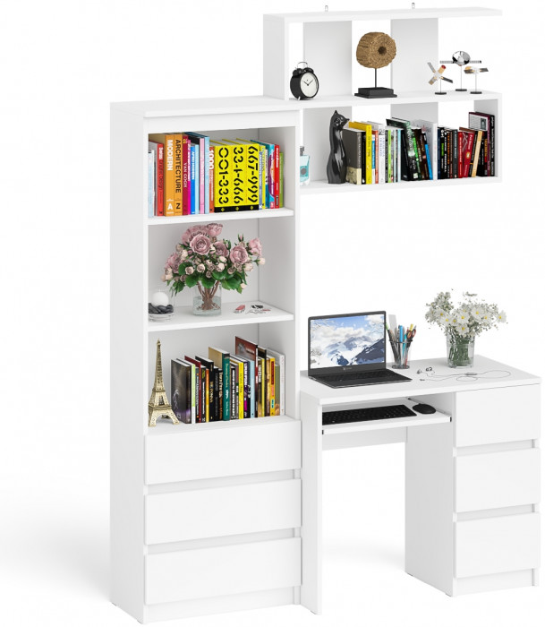 Мори Стол компьютерный МС-6 правый + Стеллаж МСТ600.3 + Полка 900, цвет белый, ШхГхВ 150,4х50х209,6 см., НЕ универсальная сборка