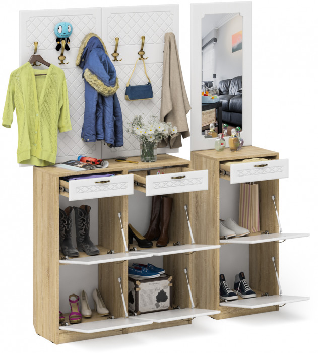 Прихожая П-6 Компоновка № 06, цвет дуб сонома/фасады МДФ белое дерево фрезеровка ромб, ШхГхВ 170х35х200 см., универсальная сборка