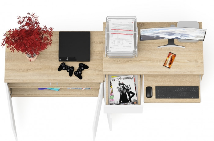 Мори компьютерный стол МС-1 левый + Тумба МА900.1, дуб сонома/белый