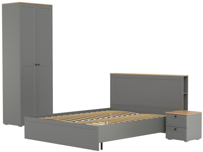 Остин 11.53 Кровать + ортопед + 13.224 Шкаф + 16.152 Тумба прикроватная, серый графит/дуб крафт золотой