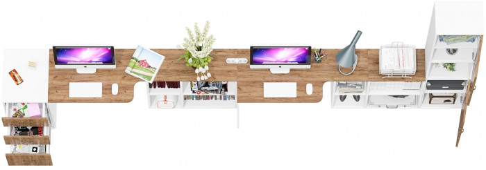 Лидер-8 Стол + Стол + Пенал + Тумба МД 3.16, цвет белый шагрень/крафт золото, ШхГхВ 410х50/30х75/190 см. или 230х50/160х75/190 см., НЕ универс. сборка