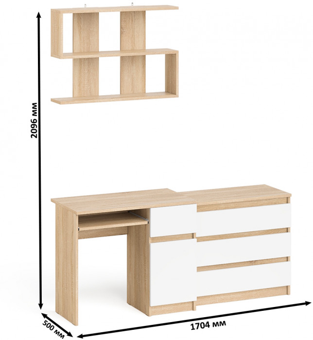 Мори Стол компьютерный МС-1 правый + Комод МК800.1 + Полка 900, цвет дуб сонома/белый, ШхГхВ 170,4х50х209,6 см., НЕ универсальная сборка