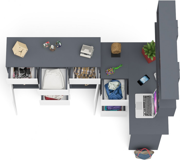 Мори компьютерный стол МС-16 левый + Комод МК1200.4 + Полка 1200, графит/белый