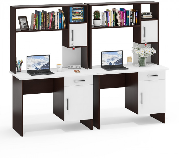 Два стола письменных с надстройкой С-МД-1-09Н, цвет венге/белый шагрень, ШхГхВ 210х57х162 см., НЕ универсальная сборка