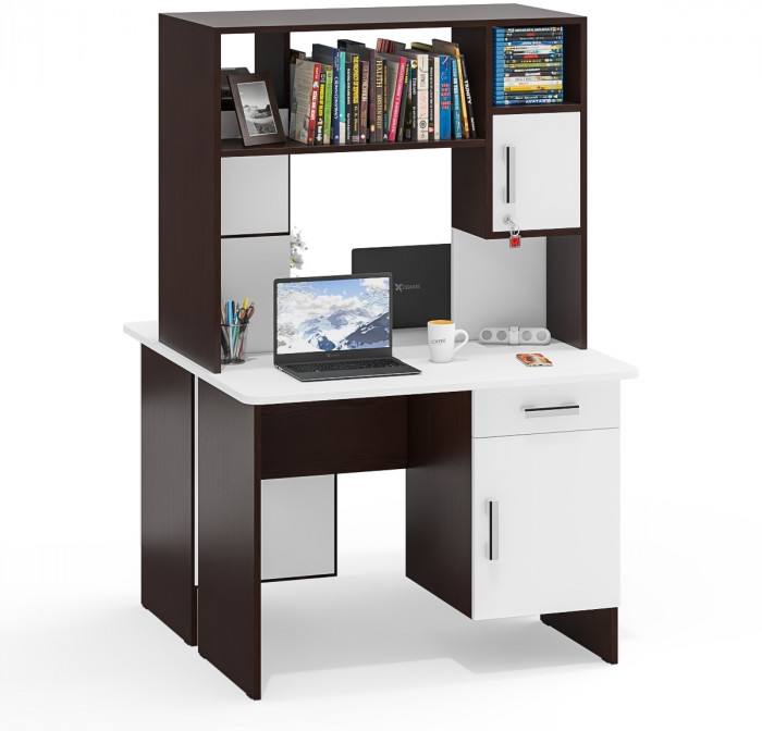 Два стола письменных с надстройкой С-МД-1-09Н, цвет венге/белый шагрень, ШхГхВ 210х57х162 см., НЕ универсальная сборка