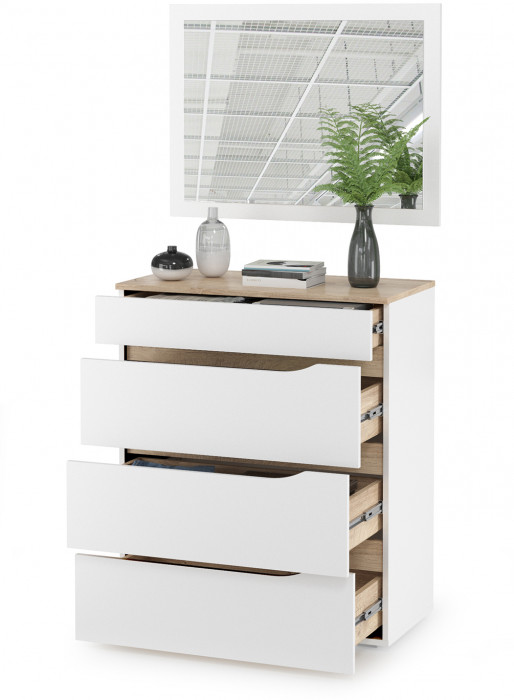 Муссон 13.97 Комод + Зеркало СВК, цвет белый/дуб эндгрейн элегантный, ШхГхВ 77х39,4х92,6 + 80х2х60 см., четыре выдвижных ящика, ручки-вырезы