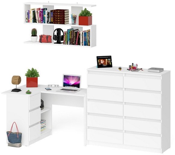 Мори компьютерный стол МС-16 левый + Комод МК1200.10 + Полка 1200, белый