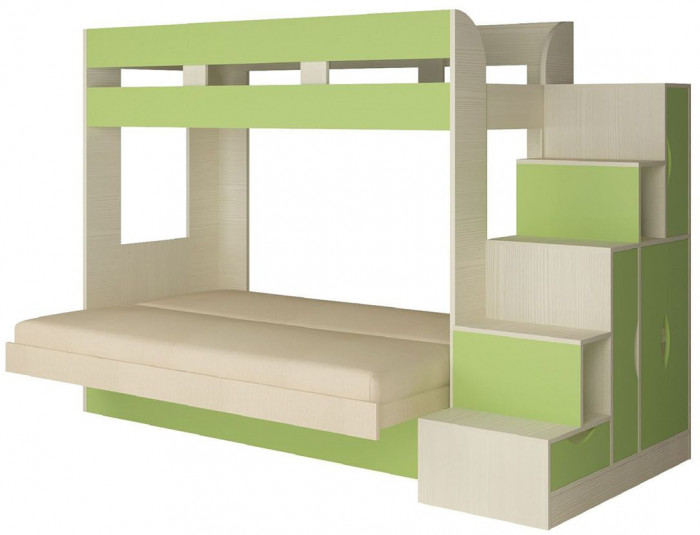 Карамель 75-01 Кровать-чердак Зеленый / Бодега светлый / Велюр Кремовый