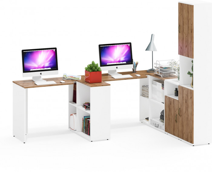 Лидер-8 Стол + Стол + Пенал + Тумба МД 3.19, цвет белый шагрень/крафт золото, ШхГхВ 410х50/30х75/190 см. или 230х50/160х75/190 см., НЕ универс. сборка