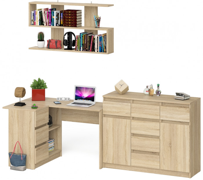 Мори компьютерный стол МС-16 левый + Комод МК1200.4 + Полка 1200, дуб сонома