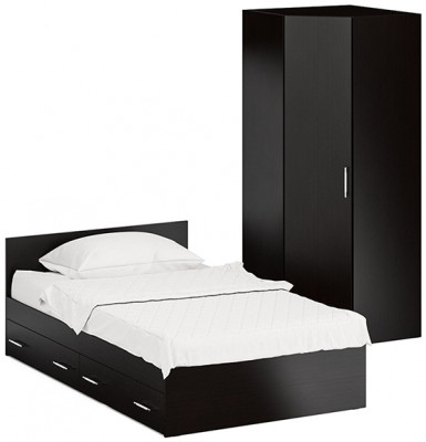 Кровать с ящиками 1200 + Шкаф угловой Стандарт, цвет венге, ШхГхВ 123,5х203,5х70 + 81,2х81,2х200 см., сп.м. 1200х2000 мм., без матраса, основание есть