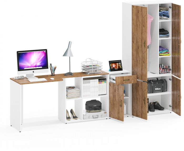 Лидер-8 Стол + Тумба МД 3.15 + Шкаф МД 20Б, цвет белый шагрень/крафт золото, ШхГхВ 285х50/37,5х75/190 или 115х200/50х75/190 см., НЕ ун. сборка