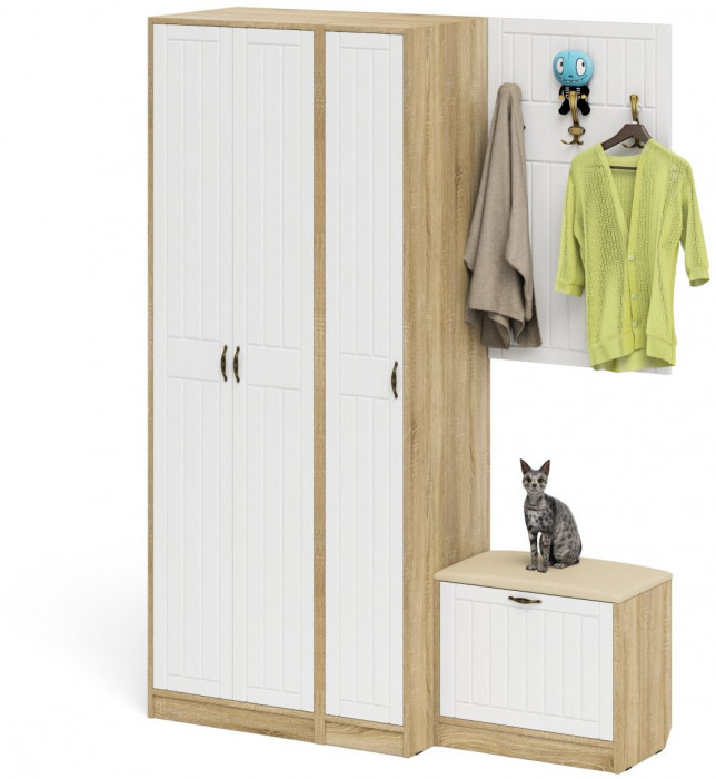 Прихожая П-6 Компоновка № 47, дуб сонома/фасады МДФ белое дерево фрезеровка прованс