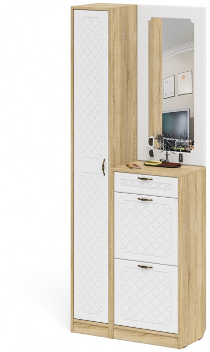 Прихожая П-6 Компоновка № 23, цвет дуб сонома/фасады МДФ белое дерево фрезеровка ромб, ШхГхВ 80х35х210 см., универсальная сборка