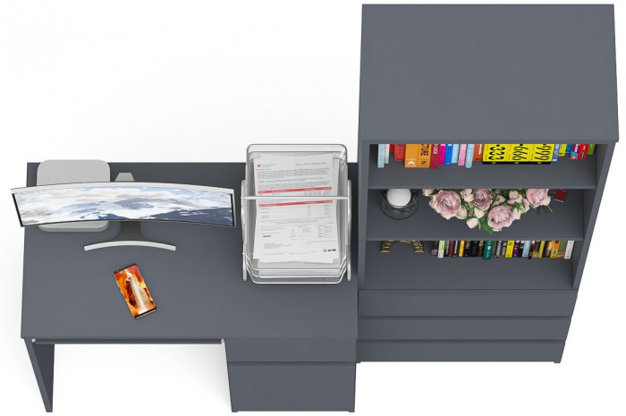 Мори компьютерный стол МС-1 правый + Стеллаж МСТ600.3, графит