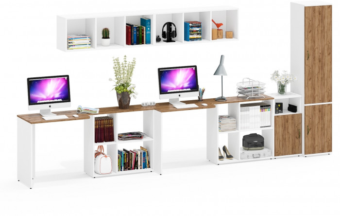 Лидер-8 Стол + Полка + Стол + Полка + Пенал МД 22Б + Тумба МД 3.19, цвет белый шагрень/крафт золото, 410х50х75/190 или 230х160/50х75/190, НЕ ун. сб.