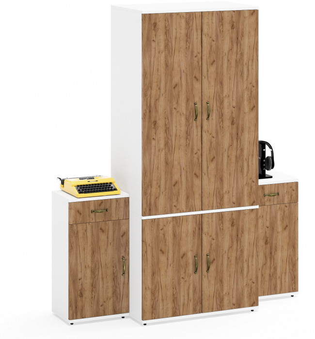 Лидер-8 Шкаф МД 19Б + Тумба МД 3.15 + Тумба МД 3.15, белый шагрень/крафт золото