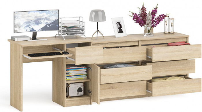 Мори Стол компьютерный МС-1 правый + Комод МК1380.6, цвет дуб сонома, ШхГхВ 228х50х76,6 см., выдвижной ящик справа, НЕ универсальная сборка