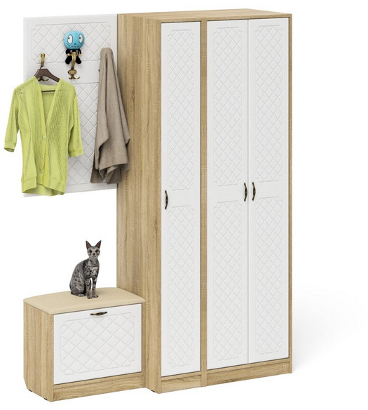 Прихожая П-6 Компоновка № 47, дуб сонома/фасады МДФ белое дерево фрезеровка ромб