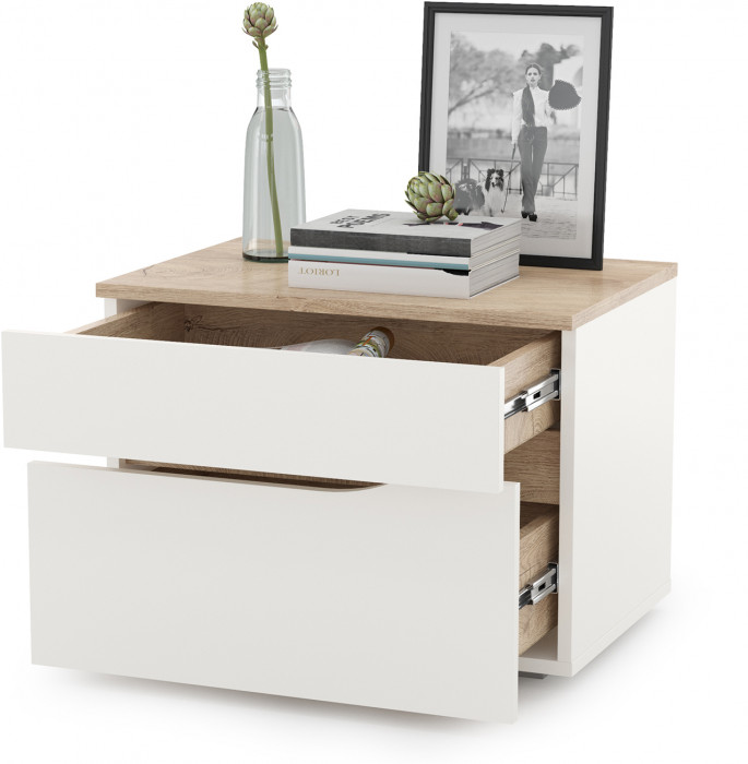 Муссон 16.03 Тумба прикроватная, цвет белый/дуб эндгрейн элегантный, ШхГхВ 56х39,4х42 см., два выдвижных ящика, НЕ универсальная сборка