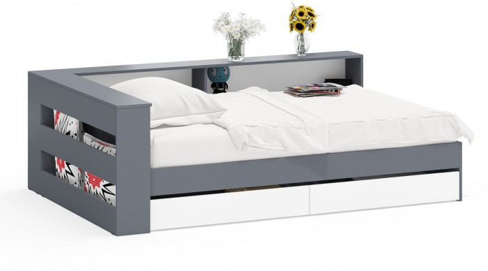 Ксения Кровать с ящиками 1200 + прикроватный блок, графит/белый