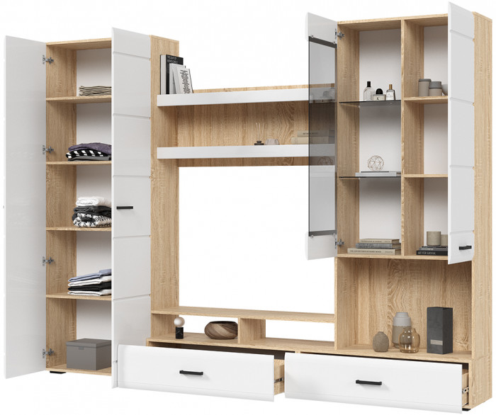 ЛИБЕРТИ ГС 01 Гостиная (2800х2100х400) Фасад МДФ БЕЛЫЙ ГЛЯНЕЦ/Корпус ДУБ СОНОМА