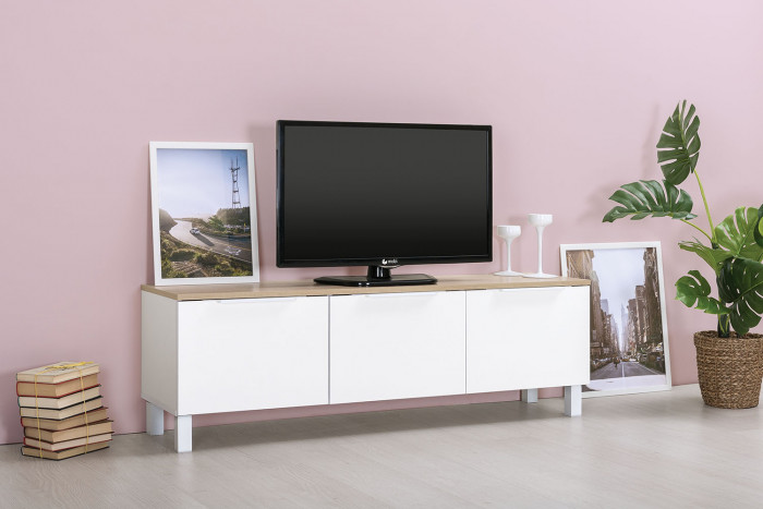 КР100 Тумба под ТВ 13.267.01, цвет белый шагрень/дуб сонома, ШхГхВ 138,4х34,9х43,8 см., универсальная сборка (100)