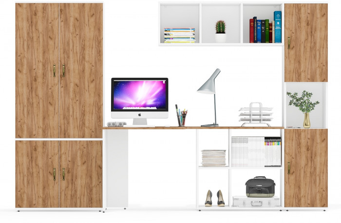 Лидер-8 Шкаф МД 20Б + Стол + Полка + Пенал, цвет белый шагрень/крафт золото, ШхГхВ 285х50/30х75/190 или 195х120х75/190 см., НЕ ун.сб.