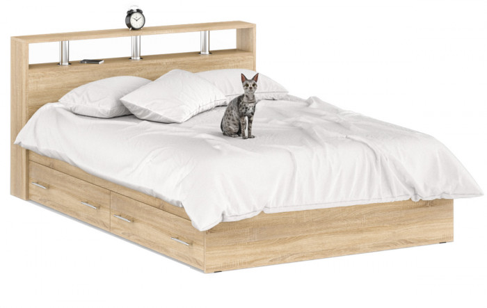 Камелия Кровать с ящиками 1400, цвет дуб сонома, ШхГхВ 143,5х217х78,2 см., сп.м. 1400х2000 мм., без матраса, основание есть