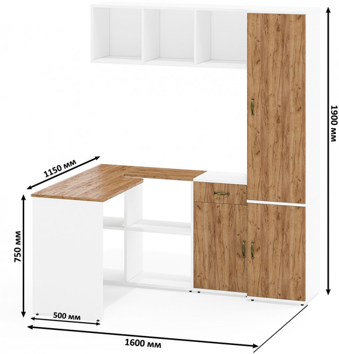 Лидер-8 Стол + Полка + Тумба МД 3.15 + Пенал МД 21Б, белый шагрень/крафт золото