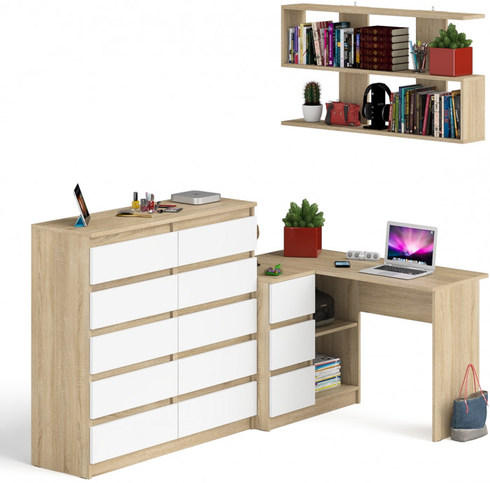Мори компьютерный стол МС-16 левый + Комод МК1200.10 + Полка 1200, дуб сонома/белый