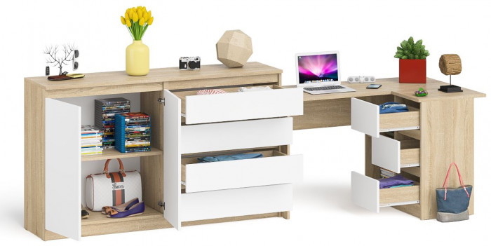 Мори Стол компьютерный МС-16 правый + Комод МК1600.1, цвет дуб сонома/белый, ШхГхВ 284,8х84,9х94 см., выдвижные ящики справа, НЕ универс. сборка