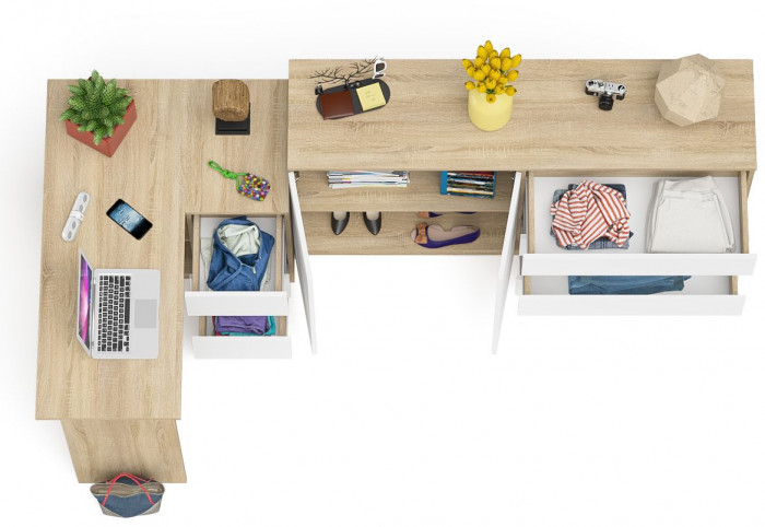Мори Стол компьютерный МС-16 правый + Комод МК1600.1, цвет дуб сонома/белый, ШхГхВ 284,8х84,9х94 см., выдвижные ящики справа, НЕ универс. сборка