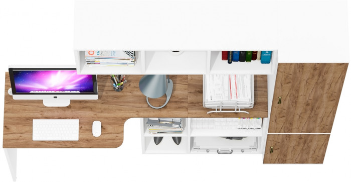 Лидер-8 Стол + Полка + Пенал МД 21Б, белый шагрень/крафт золото