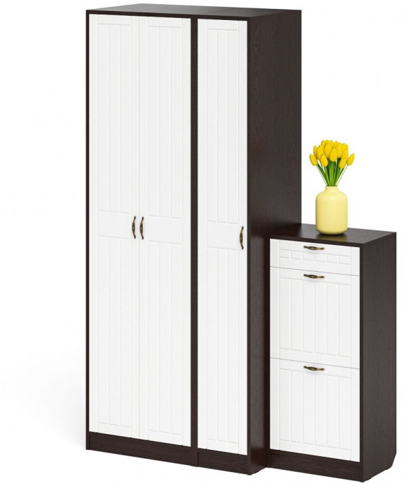 Прихожая П-6 Компоновка № 48, венге/фасады МДФ белое дерево фрезеровка прованс