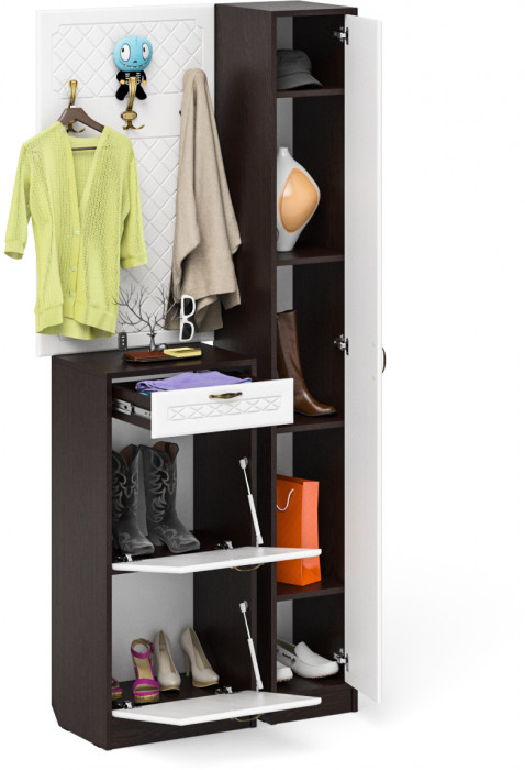 Прихожая П-6 Компоновка № 24, цвет венге/фасады МДФ белое дерево фрезеровка ромб, ШхГхВ 90х35х210 см., универсальная сборка