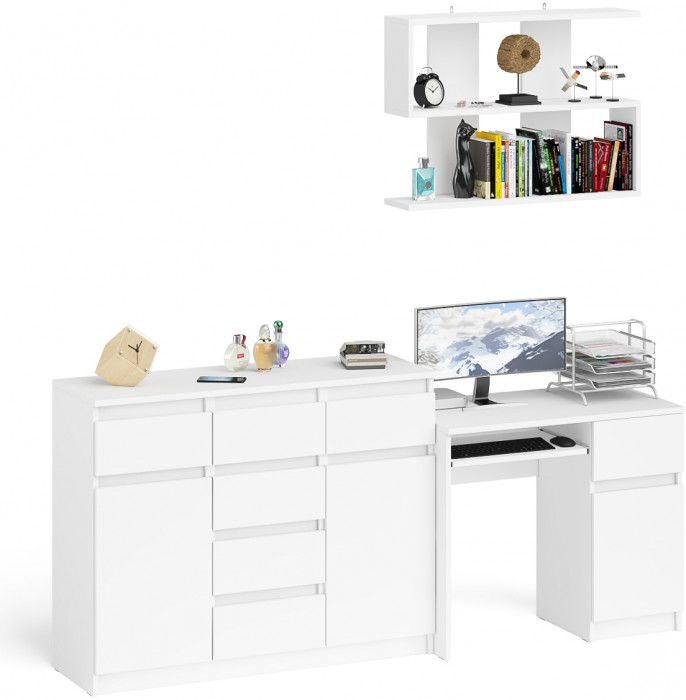 Мори компьютерный стол МС-1 правый + Комод МК1200.4 + Полка 900, белый