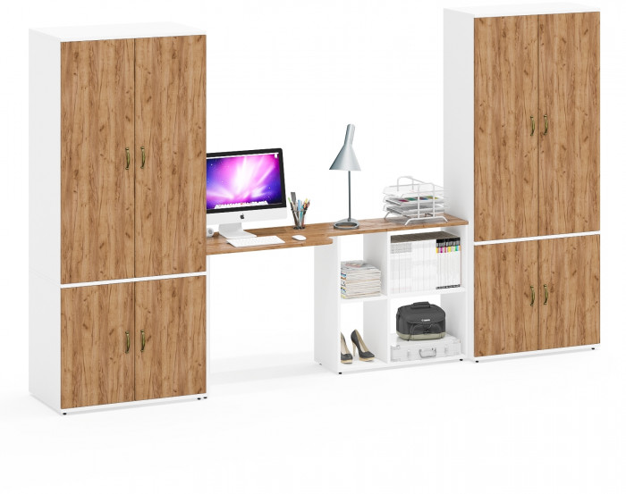 Лидер-8 Шкаф МД 20Б + Стол + Шкаф МД 19Б, цвет белый шагрень/крафт золото, ШхГхВ 325х50/37,5х75/190 или 115х240/50х75/190 см., НЕ ун.сб.